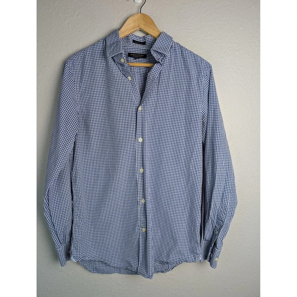 Banana‎ Republic Shirt Mens Medium Blue Check Long Sleeve Button-Up Slim Fit